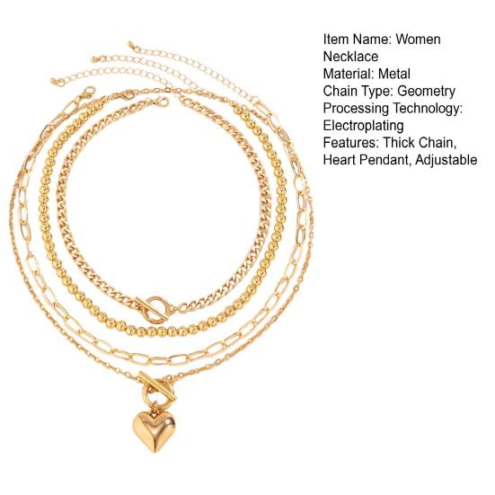 4Pcs/Set Women Necklace Set Heart Pendant Round Paper Clip Chain Electroplated Necklace Adjustable Extended Chain Necklace