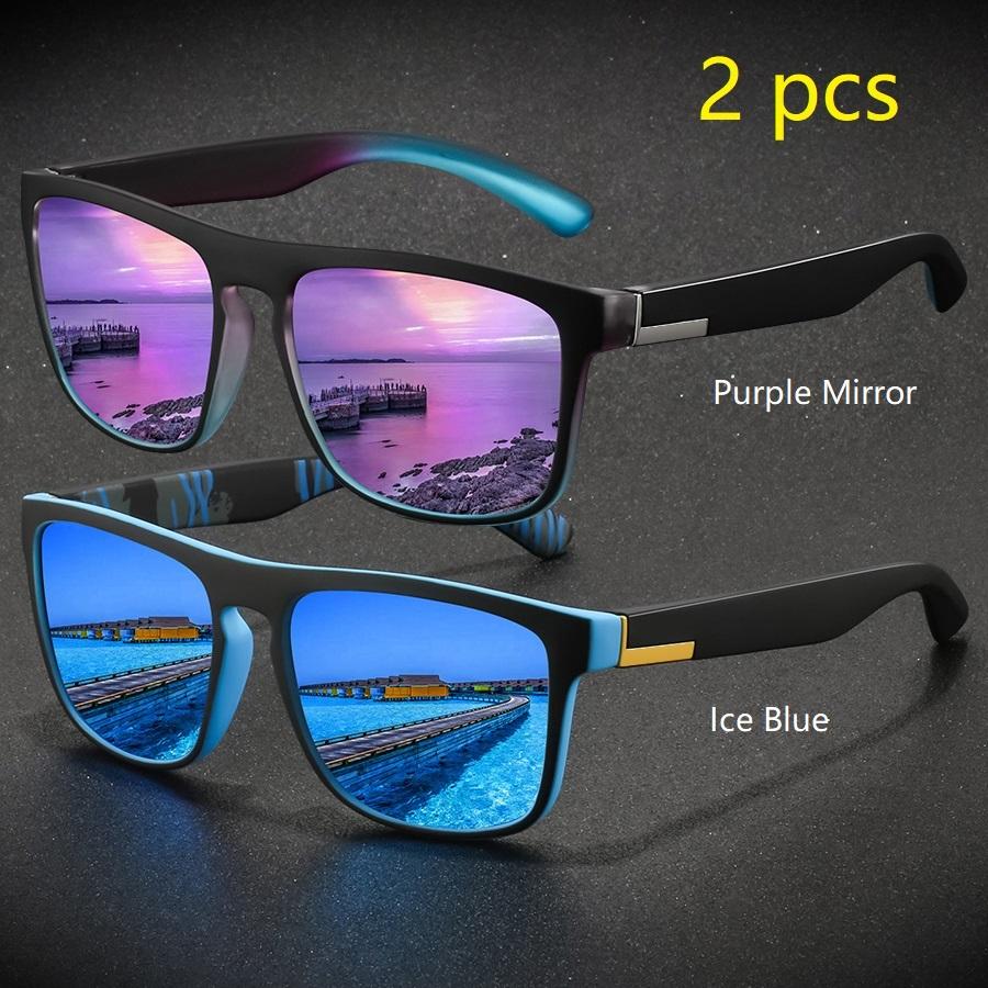 2 Pieces Fashion Vintage Square Sports Sunglasses Men Women Driving Fishing Brand Designer Sun Glasses Retro Man Eyewear UV400