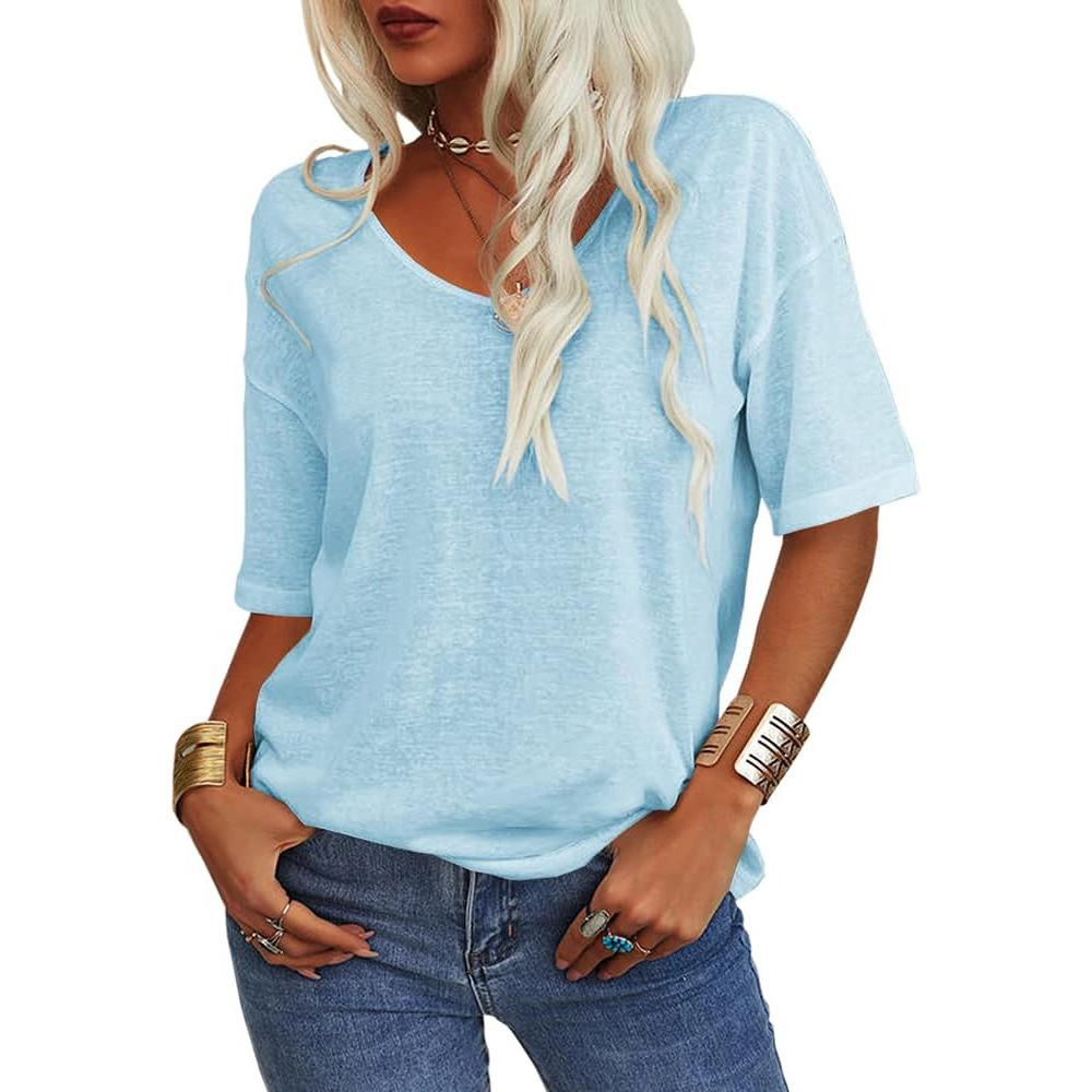 Women's V Neck Short Sleeve Loose Fit T-Shirt Casual Solid Color Basic Tee Top