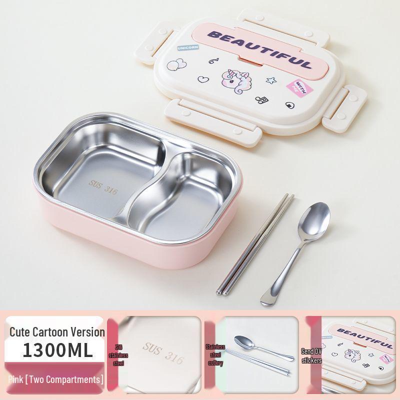 Children's Cartoon DIY Flip-Top 316 Stainless Steel Microwaveable Bento Lunch Box with Food Separation.