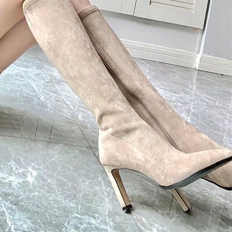High Heeled Women Boots Knee High Boots High Quality Fashion Pointed Toe Side Zipper Suede High-heeled Women's Boots Botas Mujer
