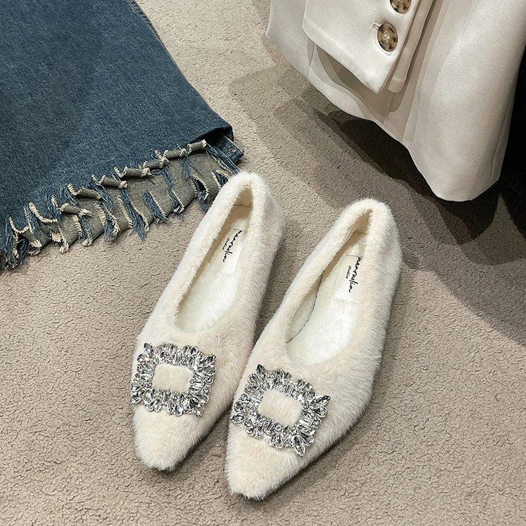 Women's Flat Shoes Winter Elegant Pointed Plush Sexy Low Heel Fluffy Casual Shoes Comfortable Outdoor Rhinestone Fashion Shoes