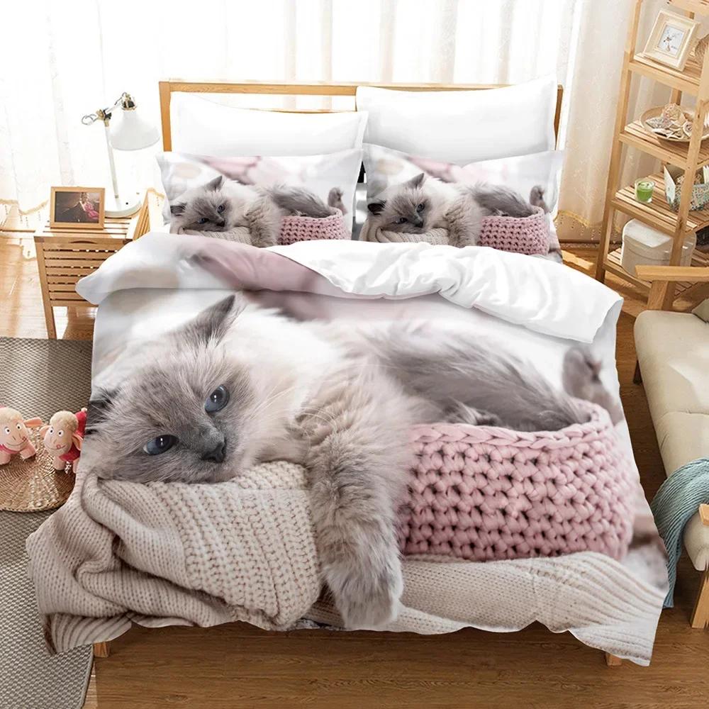 Cute Cat Duvet Cover 3D Animal Comfortable Duvet Quilt Cover Pillowcase Bedding Set Children Bedroom Decoration Home Textile
