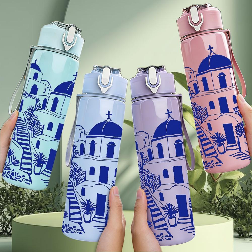 1PC Blue Santorini Building Mediterranean Print 750ml Color Plastic Sports Water Bottle Leakproof Flip Straw Lid Suitable for Sports Office Home Use