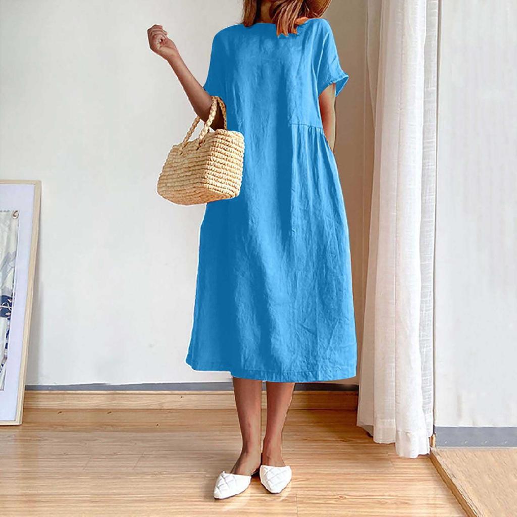 Ladies Cotton Linen Fashion Versatile Solid Color Lunch Break Vacation Daily Dress
