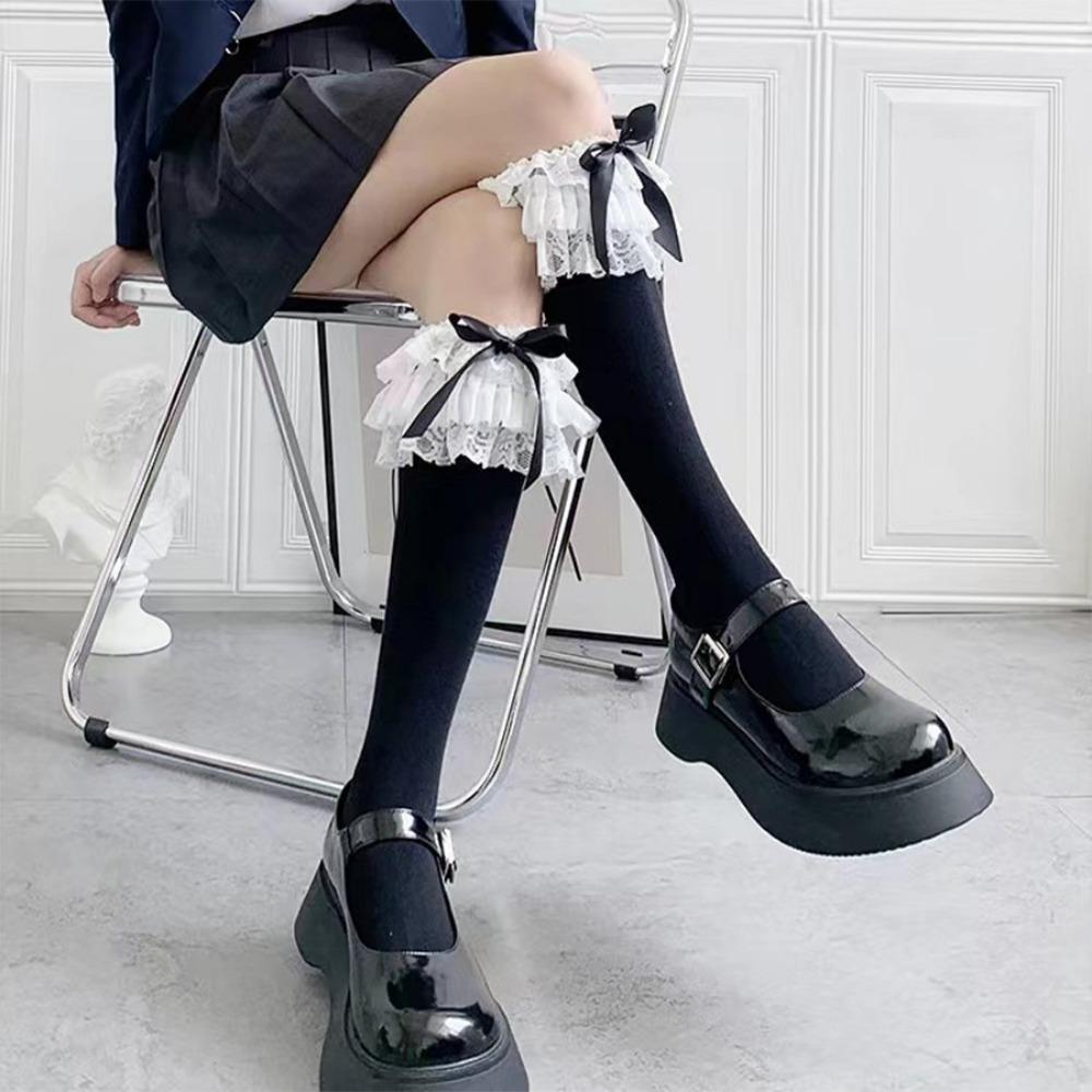 Lolita Oversized Lace Bow Mid Tube Socks Summer Sweet Lo Calf Socks Cotton Socks Lolita