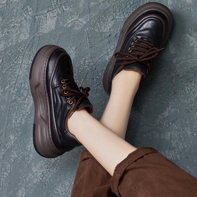 Bread Soled Women's Shoes 2025 Autumn New Item Cowhide British Handmade Lace Up Thick Soled Board Shoes Single Shoe