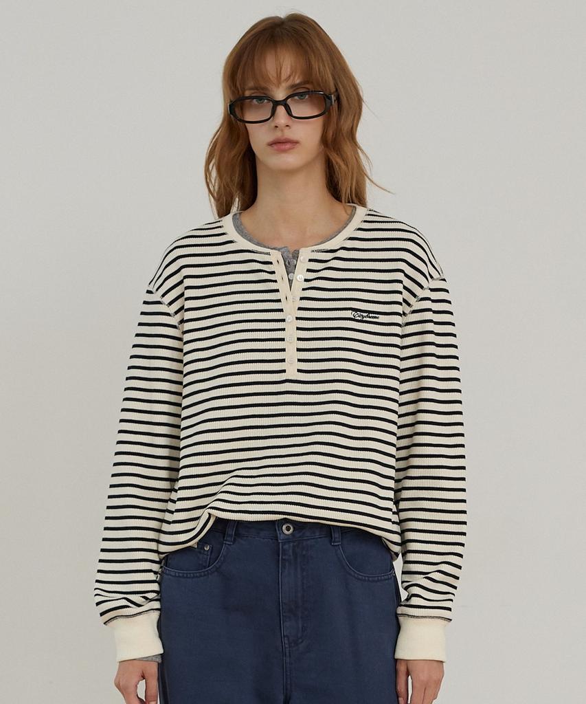 CITYBREEZE Striped Henley Neck Loose Fit T-Shirt_Black