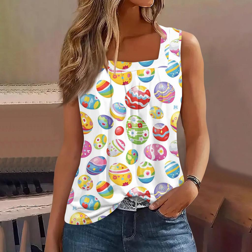 Women's Fashion Sexy Pleated Square Neck Easter Print Sleeveless Vest Top
