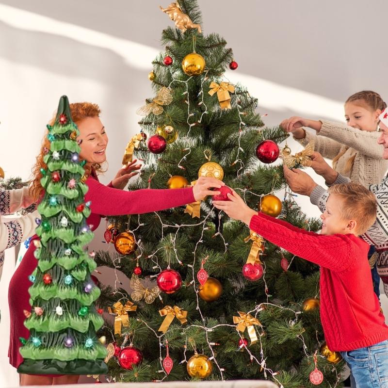 Keramik-Weihnachtsbäume, vorbeleuchtet, handbemalt, Tisch-Feiertagsdekoration mit bunten Lämpchen, LED-Lichter – Grün