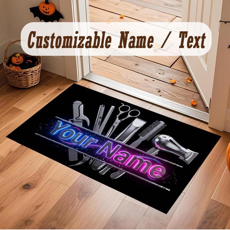 Barber Salon Theme Soft Crystal Velvet Rug Custom Name & Text Print Non Slip Floor Rug for Bedroom Living Room