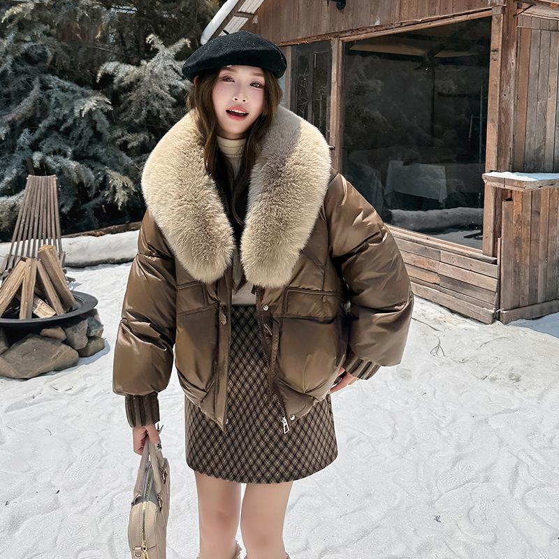 Winter Damen Baumwolljacke mit Daunen, Trendiger Stil, Einzigartiger Streetstyle, Großer Pelzkragen, Kurzer Kapuzen-Baumwollmantel