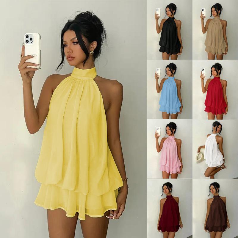 European & American Sexy Backless Halter Dress with Slim Waist & Fluffy Skirt