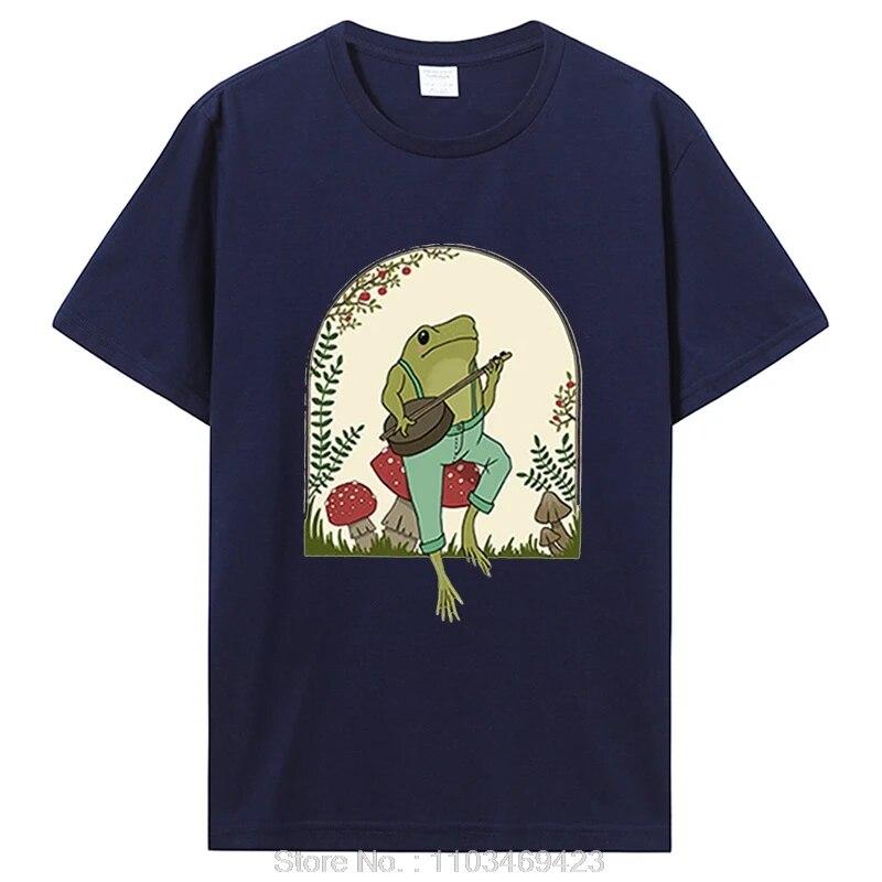 Süße Cottagecore T-Shirts Ästhetischer Frosch spielt Banjo auf Pilz T-Shirt Unisex Baumwolle Grafik T-Shirt Unisex Kleidung Oversized