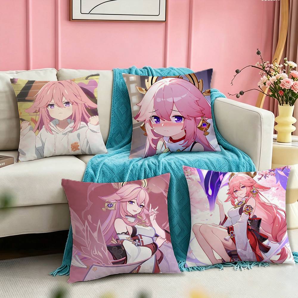 Yae Miko Cute Genshin Impact Pillow Case Square DoubleSided Sofa Cushion Cover Bedroom Bedside Pillow