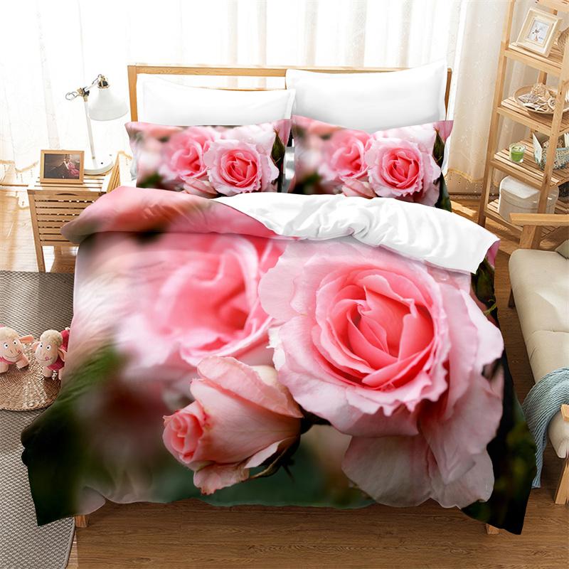 Roze Rozen Beddengoedset Dekbedovertrek 3d Bloemen Beddengoedset Mode Zacht Warm Beddengoed King Double Meisjes Bedset Dekbedovertrekset