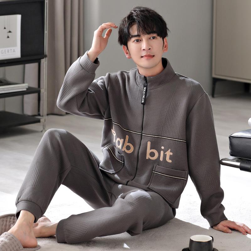 Pajamas Men'S Spring And Autumn Pure Cotton Thickened Long Sleeve Large Size Padded Cotton Air Cotton Interlayer Autumn And Winter Loungewear Set