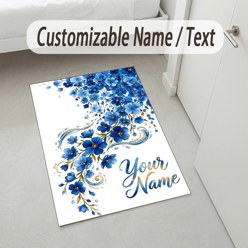 Floral Garden Theme Crystal Velvet Rug Personalized Custom Name Text Soft Floor Mat Home Decor
