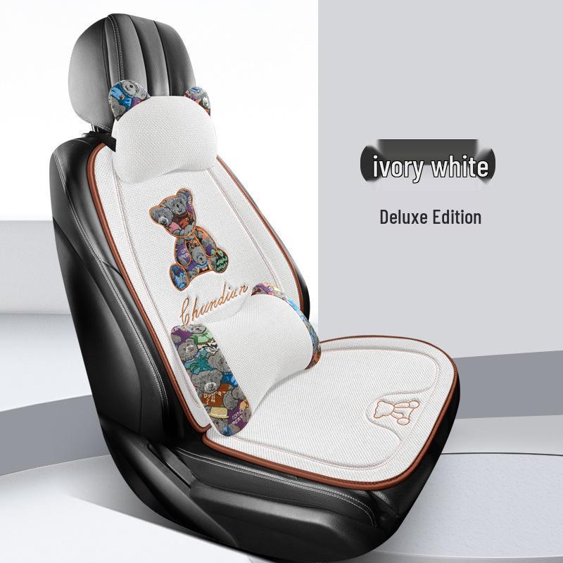 Cartoon Bear Jacquard Linen Car Seat Cushion - Breathable, Universal Fit