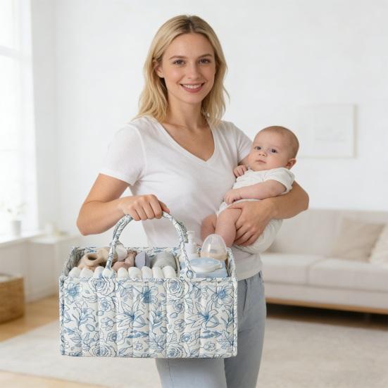 Blumenmuster Stepp Windeltaschen Stoff Aufbewahrungskorb Blumenmuster Baby Windel Organizer mit Griffen und herausnehmbaren Trennwänden für Kinderzimmer Auto Schlafzimmer Aufbewahrung