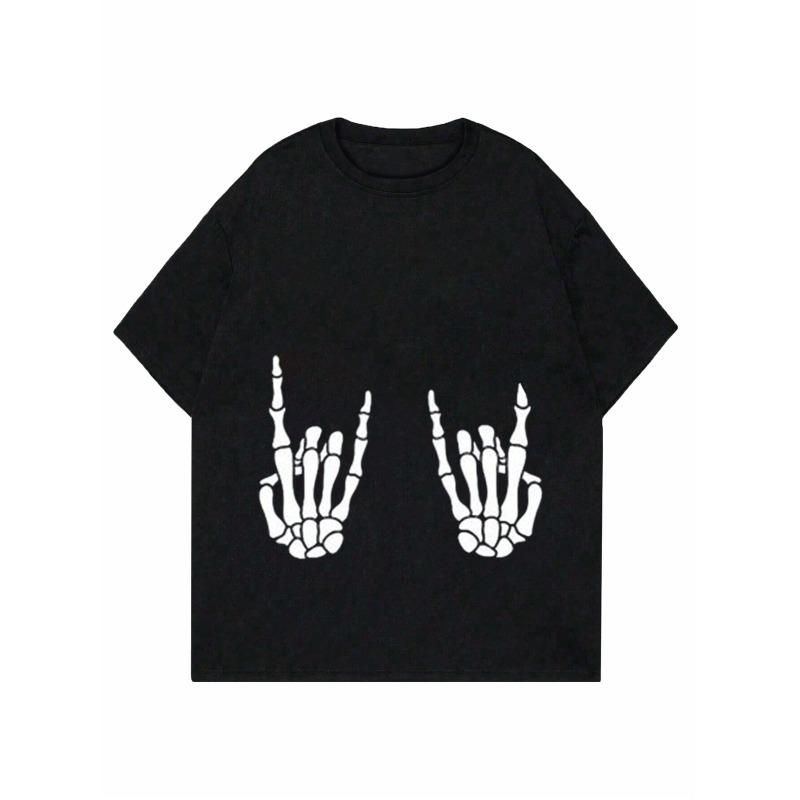 Zwartloszittend T-shirt Skelet Handen Rockteken Print Casual Halloweenfeest Kleding