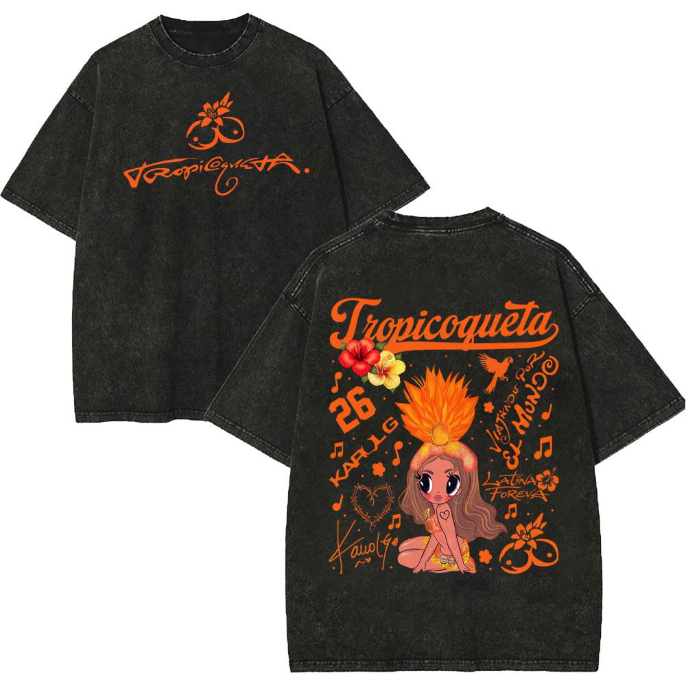 Vintage Tvättad Karol G Tropicoqueta Tour 2026 T-shirts Herr Dam Mode Popmusik T-shirt Sommar Avslappnad Lös Bomulls-T-shirt