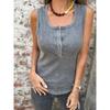Damen Gewaschen Grau Geripptes Henley-Hals ärmelloses Tanktop