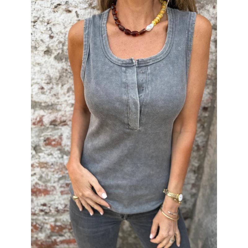 Damen Gewaschen Grau Geripptes Henley-Hals ärmelloses Tanktop