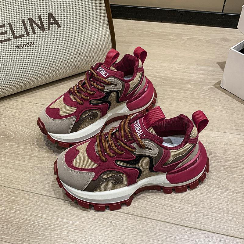 Thick-soled Heightening Dad Shoes Flame Color Matching Forrest Gump Shoes Women's 2025 Autumn New European Trend Running Shoes