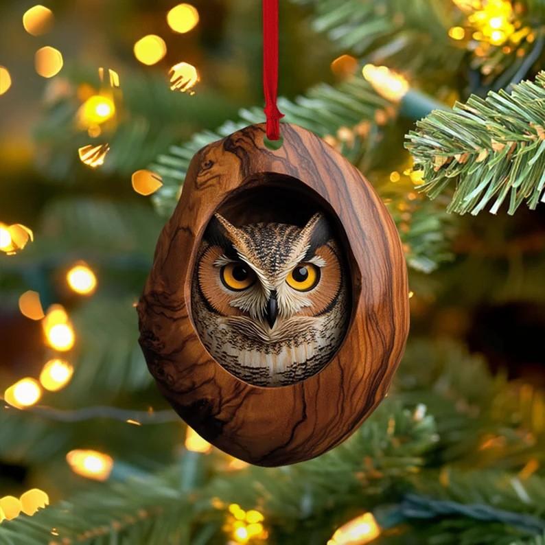 Acrylic Animal In Tree Trunk Christmas Hanging Ornaments Cute Bunny,Owl,Squirrel & Hedgehog Design Festive Pendant for Home Gift