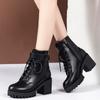 Bottes de cheville à talons épais tendance pour femmes 2024 Nouvelles chaussures à talons hauts en cuir PU noir Femme Automne Hiver Bottes de moto à plateforme Femmes