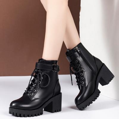 Fashion Thick Heel Ankle Boots for Women 2024 New Black Leather PU High Heels Shoes Woman Autumn Winter Platform Motorcycle Boots Women