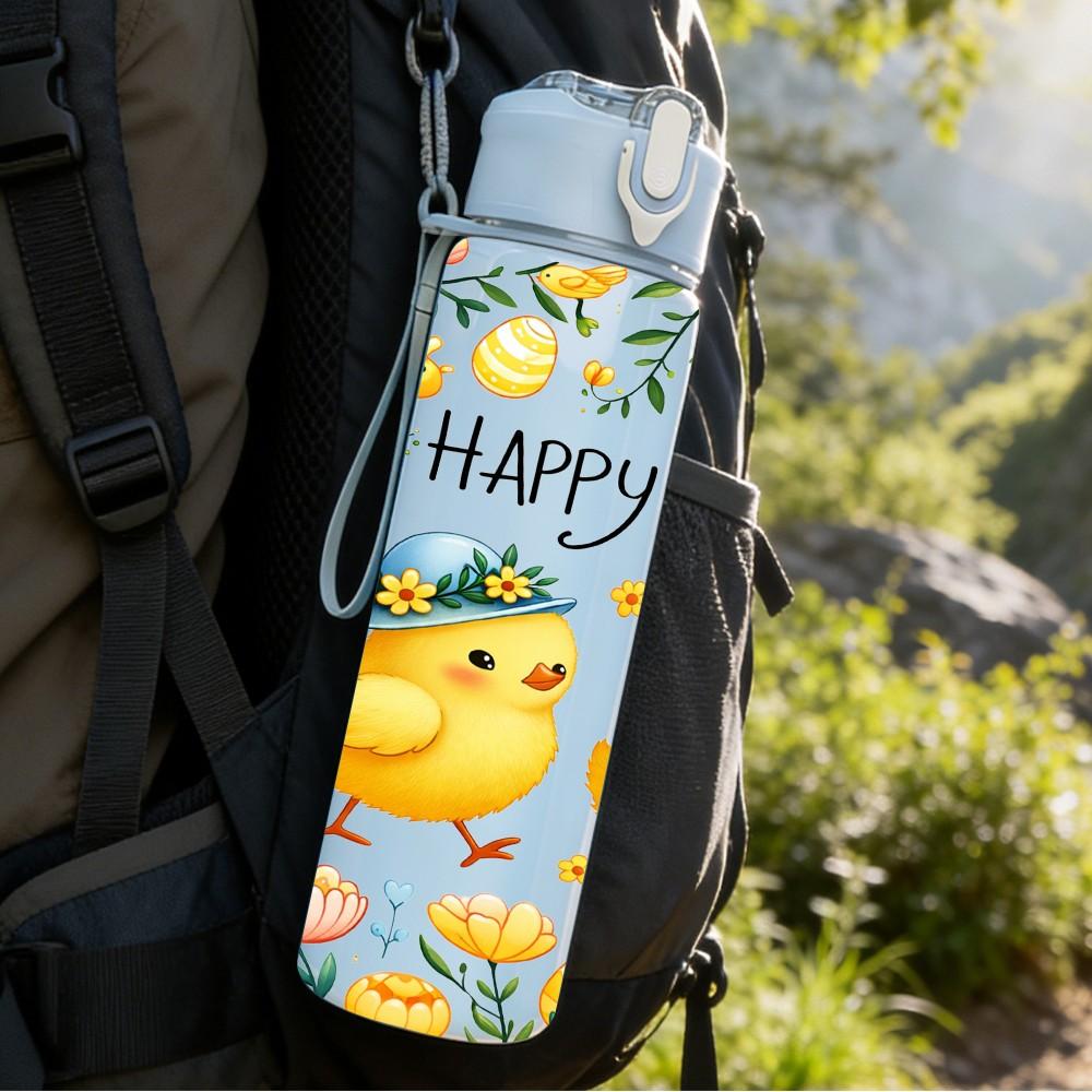 1PC Happy Easter Cute Chick Bunny Print 750ml Color Plastic Sports Water Bottle Leakproof Flip Straw Lid Suitable for Sports Office Home Use