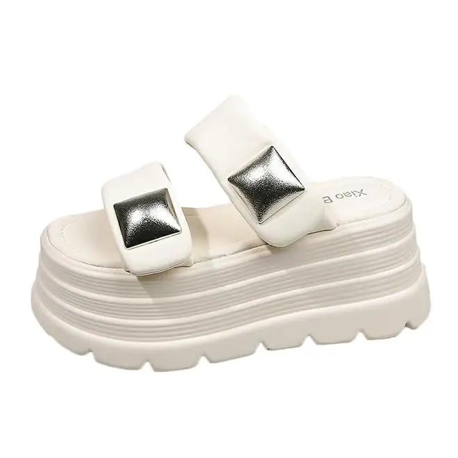 Fashion 8CM New Platform Slippers Women Summer Anti-slip High Heels Leather Chunky Sandals Casual Peep Toe Flip-flops Beach Wedge Shoes