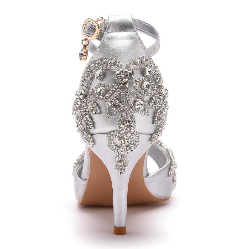Kvalitetssandaletter för kvinnor, Damsandaletter med strass, PU, 7 cm tunn klack, Spännrem, Koreansk stil, Damskor, Klänningssko, Himmelsblå, Vuxen
