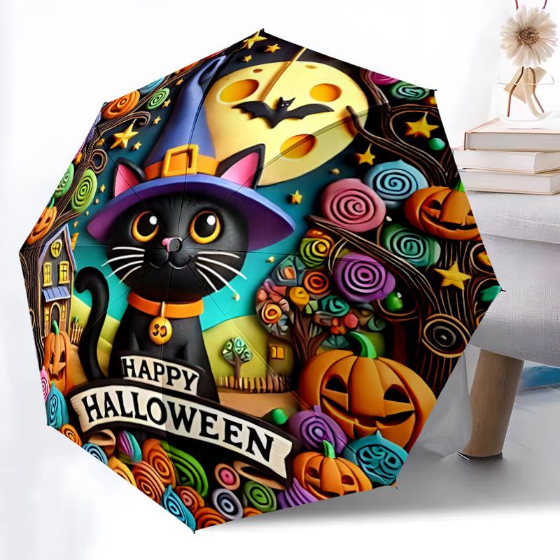 1pc Halloween Cat Auto Folding Umbrella, Sturdy And Durable Automatic Folding Umbrella with 8 Ribs, Convenient for Outdoor Use136