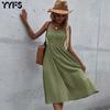 Women's Suspender Dress Slim Solid Color Cotton and Linen Dress