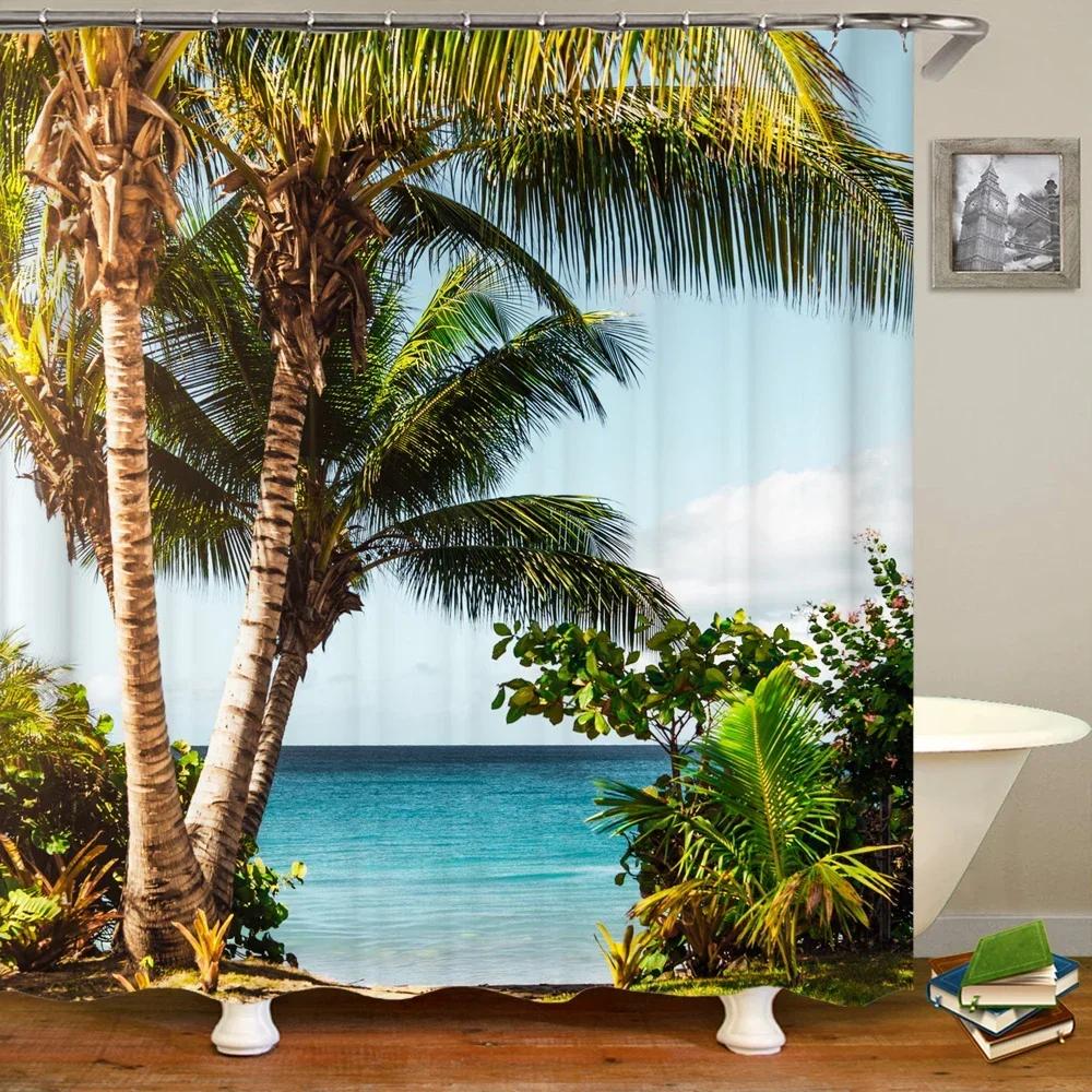 Waterproof Shower Curtain Various Sunshine Beach Scenery Seaside 3D Printing Shower Curtain Polyester Home Decor Curtain