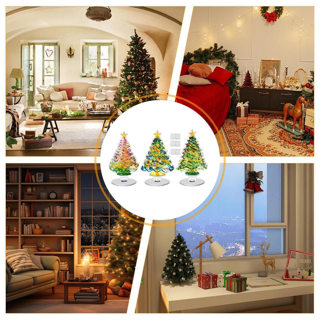 Christmas Tree Statue 3 Pieces 2D Acrylic Winter Holiday Decoration Christmas Tree Desk Ornament For Party Tabletop Mantel Home