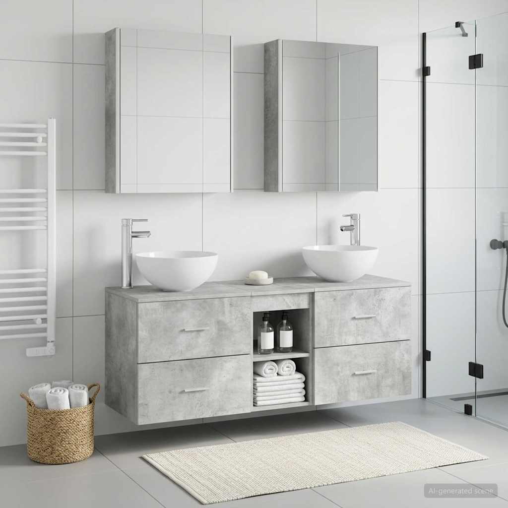5 Piece Bathroom Furniture Set Concrete Grey Engineered Wood and Glass
