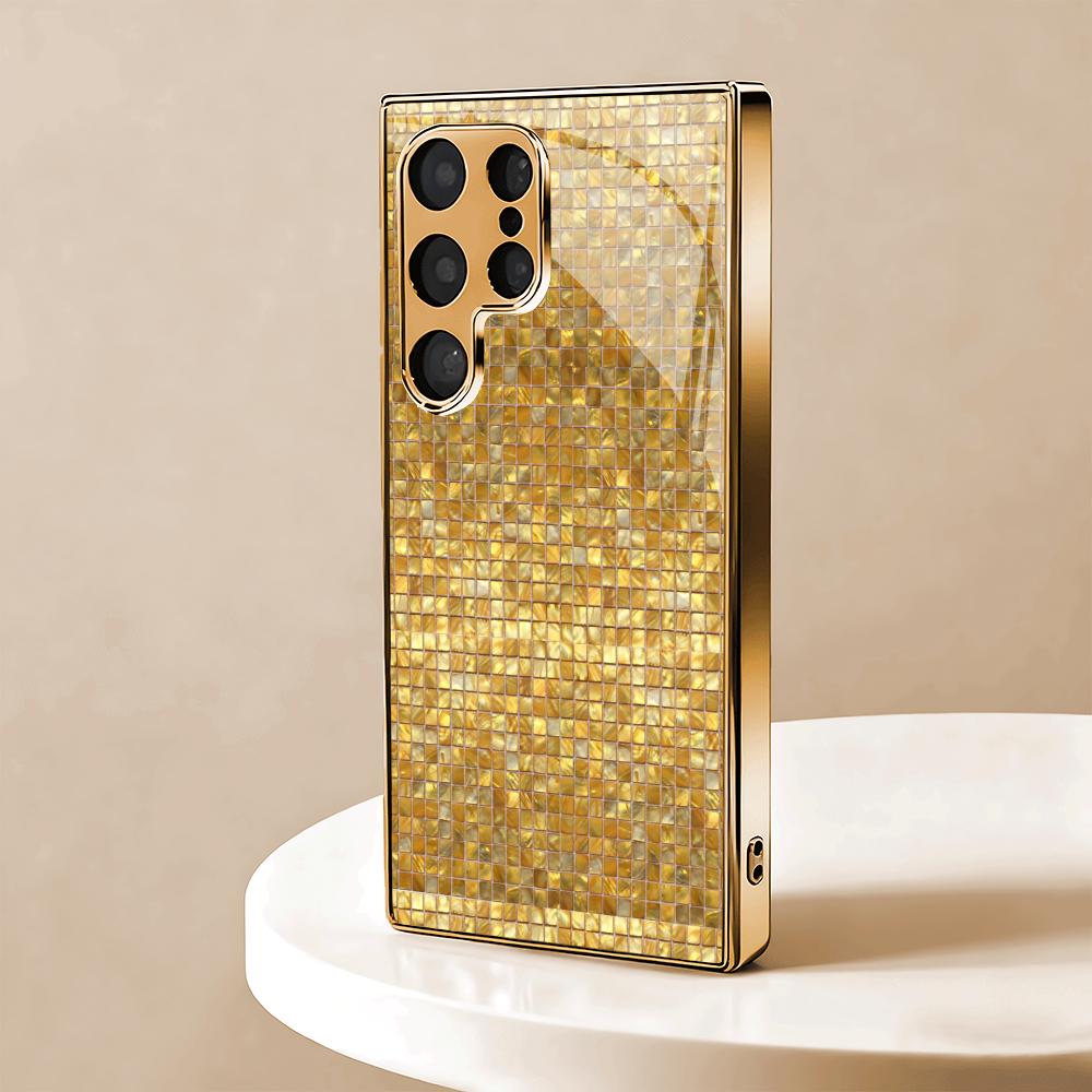 Golden Mosaic Electroplated Glass Phone Case Suitable for Samsung Galaxy S26 S25 S24 S23 S22 S20 FE/Ultra/Plus Anti Drop