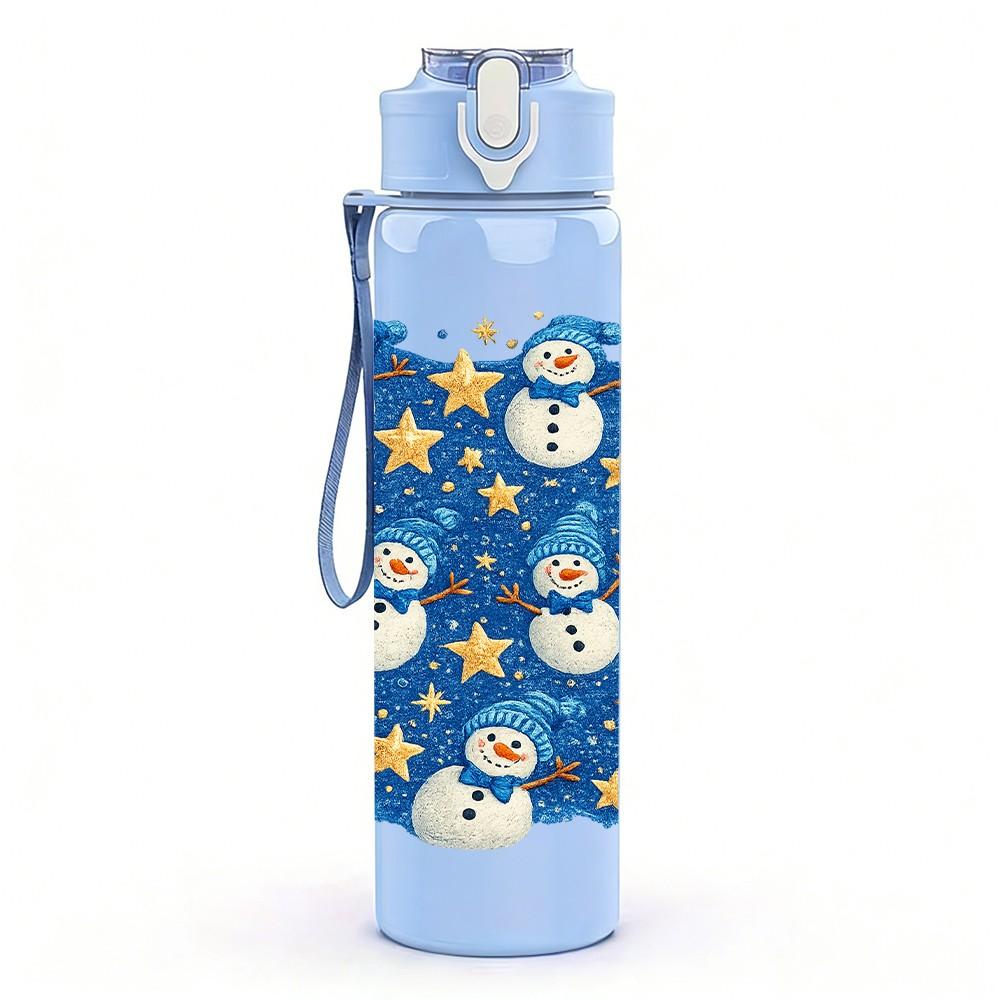 1PC Blue Base White Snowman Repeat Print 750ml Color Plastic Sports Water Bottle Leakproof Flip Straw Lid Suitable for Sports Office Home Use
