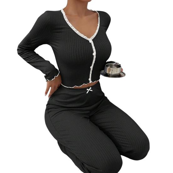 2 Stück/Set Frühling Damen Oberteil Hosenanzug Langarm V-Ausschnitt Spitze Raffung Besatz Cropped Top Elastische Taille Hose