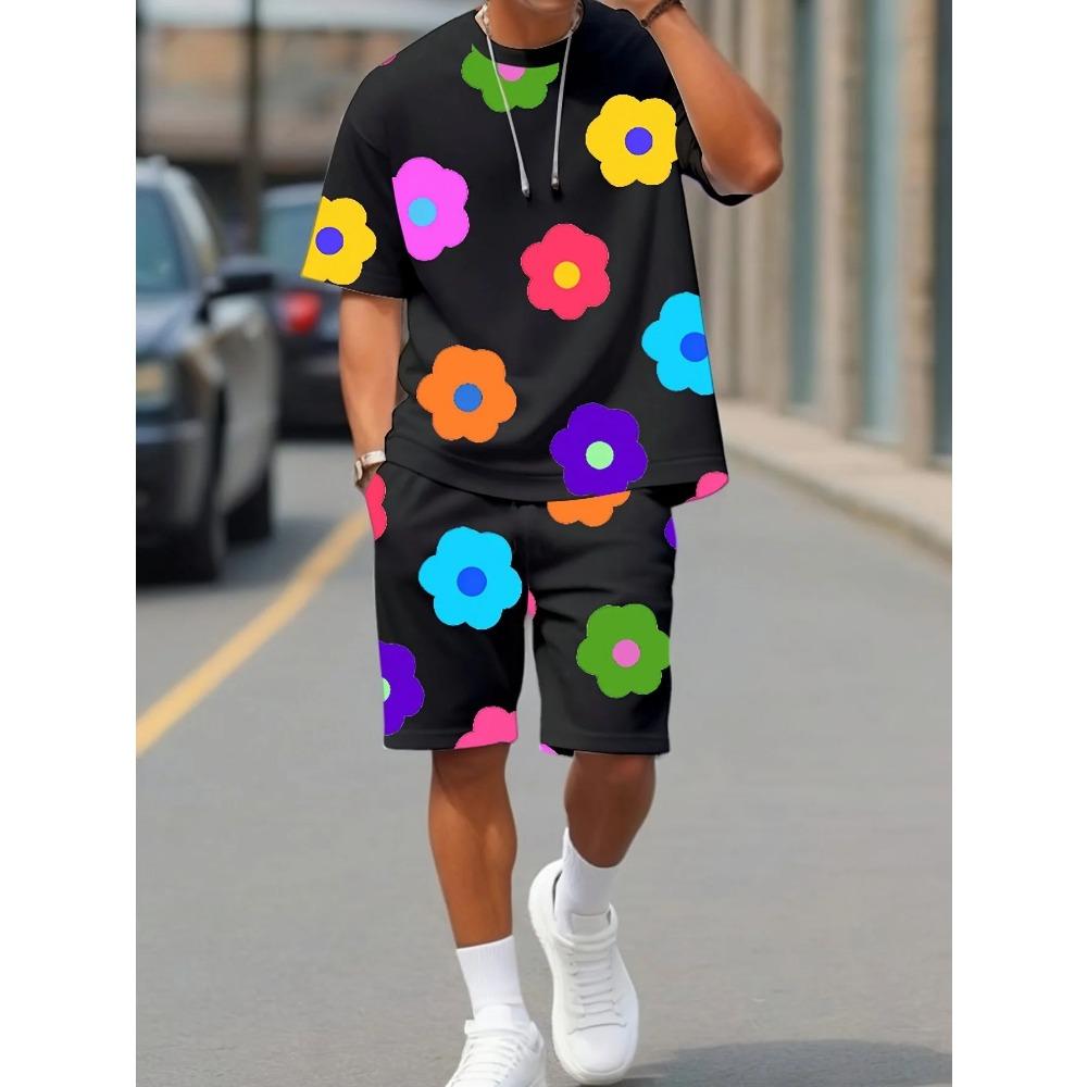 Sommer 2025 neues Herren-Set mit bunten Blumenprints, lässiges Set mit Rundhalsausschnitt, kurzärmeligem T-Shirt und Shorts, Sommer Outdoor