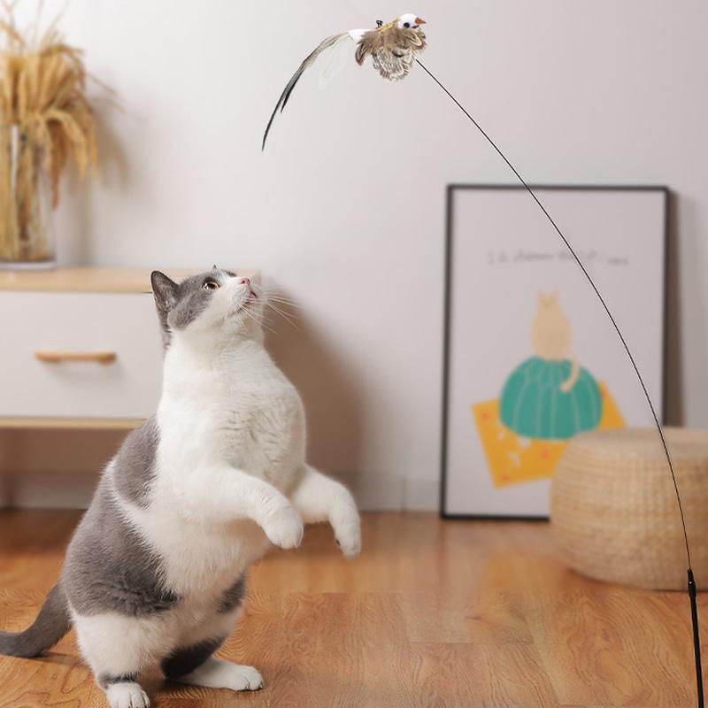 Simulation Bird Interactive Cat Stick Toy Playing Teaser Wand Toy Funny Feather Bird with Bell for Kitten Pet Cat Supplies