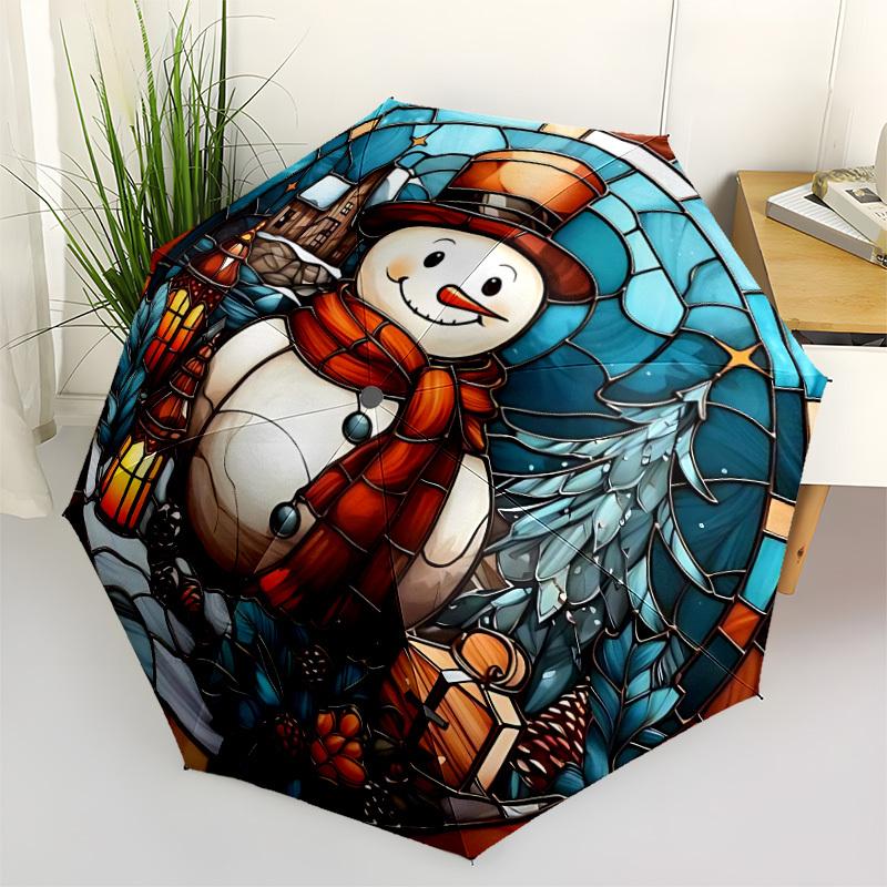 1pc Winter Snowman Automatic Open/close Umbrella, 8-Rib Sturdy Structure, Portable Travel Umbrella, Parties, Everyday Use, Outdoor Accessory