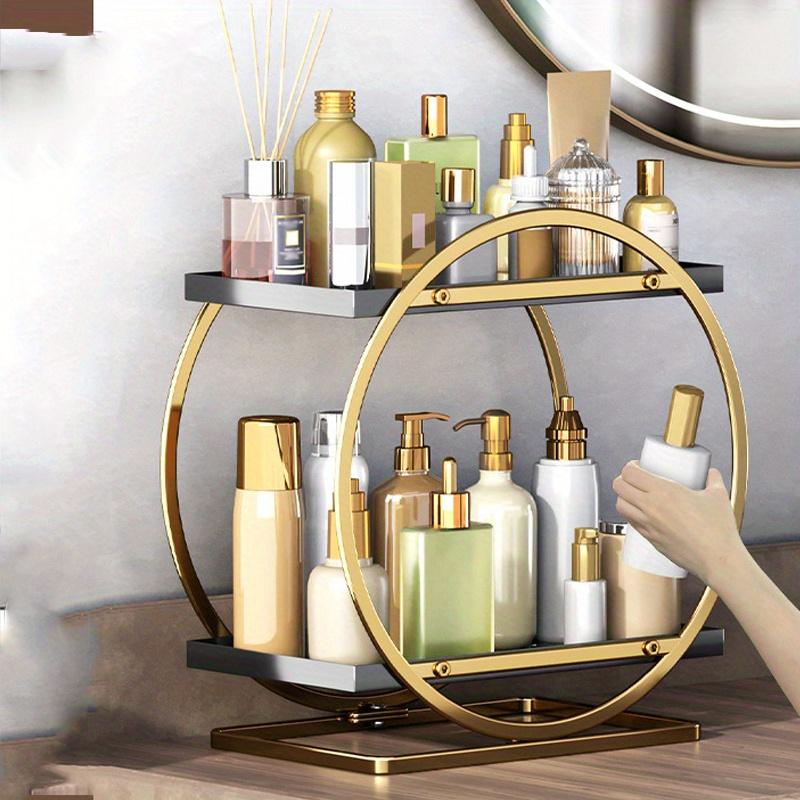 1pc Gold/Black 2-layer Circular Skincare&Perfume&Cosmetic Storage Rack,Light Luxury Style dresser&Bathroom Organizer Shelf.