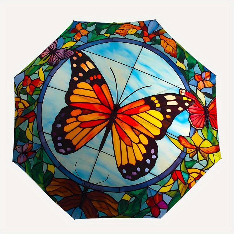 Colorful Butterfly Stained Window PanelUmbrella, Portable 3-Fold Compact Umbrella,Christmas Gift ES535