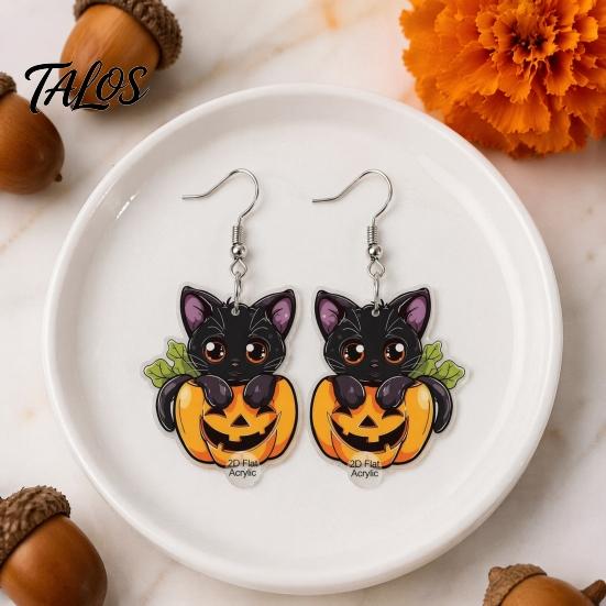 Cartoon Cat Pumpkin Earrings Halloween Black Dangle Earrings, Cute Animal Drop Jewelry Festive Accessories for Women Girls, Novelty Holiday Gift Party