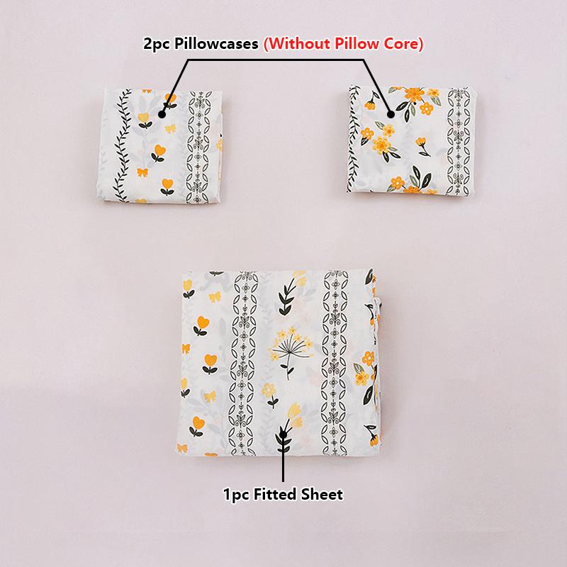 3Piece Green Leaf Orange Flower With Bed Linen Elastic Design Mattress Protective Cover 1Fitted Linen 2Pillowcases Flower Patterns